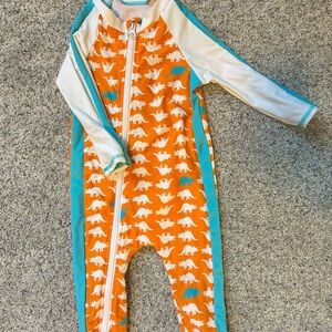 SwimZip UPF50+ Dinosaur Print Kids Swim One Piece in Orange and Blue